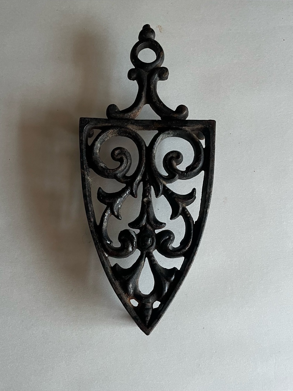 Vintage Black Cast Iron Sad Iron Cathedral Scroll Trivet 9.75x3.75”